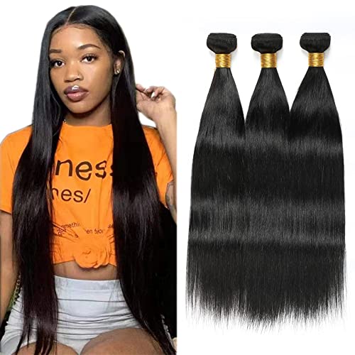 Straight Human Hair Bundles Brazilian Remy Hair Weave Double Weft Hair Extensions Natural Black Color Straight Hair 3 Bundle Unprocessed Virgin Hair Bundle 8 10 12 Inch