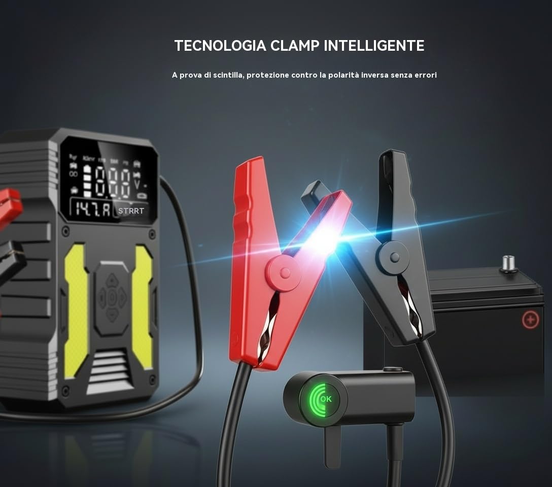 Avviatore portatile 3000A con compressore 150 PSI, 3 modalità LED, ricarica rapida, kit 4 in 1 e sicurezza avanzata, per auto, SUV, diesel fino a 8L, ideale per campeggio, viaggi ed estate