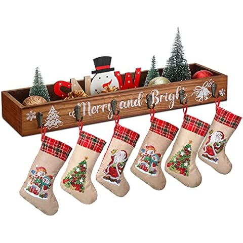 Christmas Stocking Holder Multi Uses Decorative Wooden Box with 6 Hooks Mantle Stockings Hanger Gift Box Stocking Holder Wooden Table Centerpiece for Xmas Holiday Festival Fireplace Mantel Decor Gift Cover