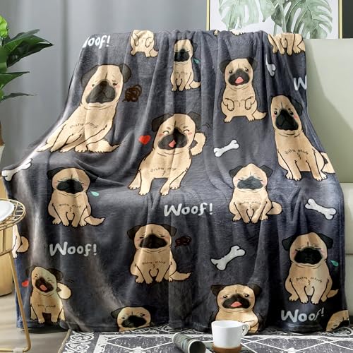 Famitile Pug Blanket Cute Puppy Fleece Blankets Super Soft Fuzzy Gifts for Pugs Lovers Plush Throw Dog Decor (Dark Grey Pug 47 x 60)