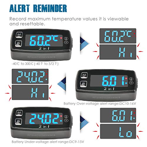 Runleader Misuratore di volt del misuratore di temperatura del motore a LED digitale, promemoria di avviso programmabile, alimentatore esterno CC per moto generatore fuoribordo ATV motoslitta marina