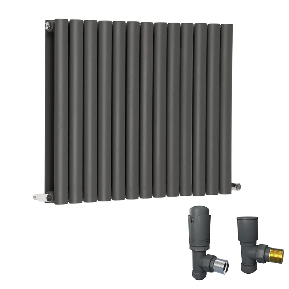 Warmehaus Anthracite 600 X 768Mm Double Oval Column Horizontal Radiator With Thermostatic Valves Set