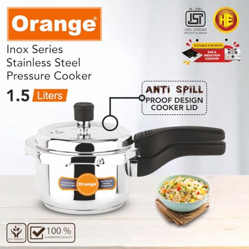 Image of Orange Inox Series Cute Small Stainless Steel Outer Lid Pressure Cooker With Sturdy Handle 1.5L | Induction Friendly | Deep Lid for Spillage Control | 2.5mm Base Thickness | 5Year Warranty | Silver