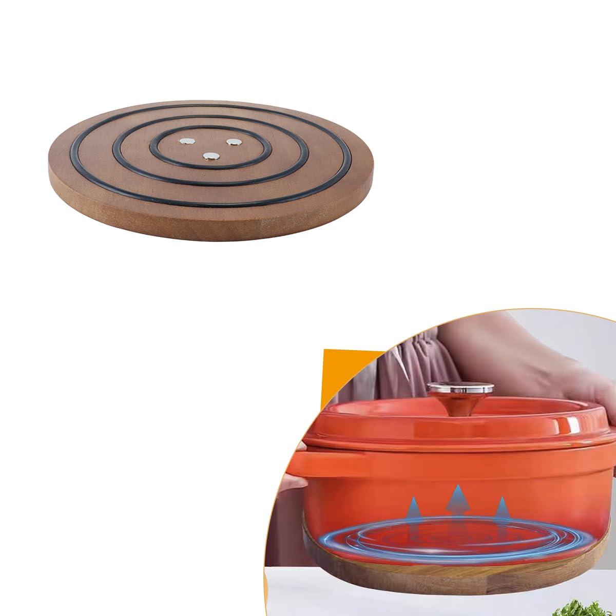 Salvamanteles magnético de acacia con anillos de silicona antideslizantes, resistente al calor para sartenes de hierro fundido esmaltado