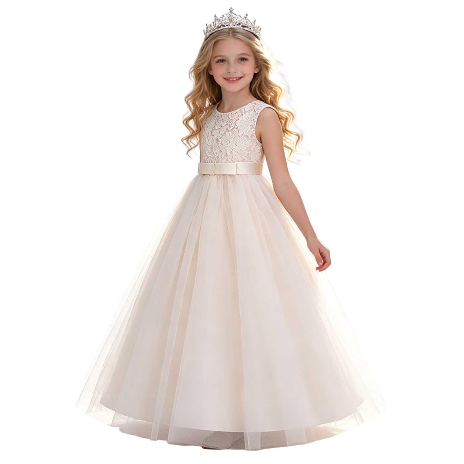 Girls Prom Dress Lace Bodice Tulle Maxi Dress Kids Sleeveless Satin Waist Princess Gown Elegant Style Fancy Dresses Wedding Pageant Birthday Party Formal Wear 5 Years Beige
