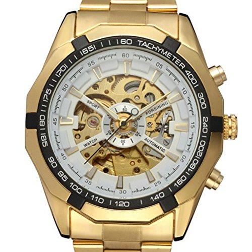 Preisvergleich Produktbild PIXNOR Mechanische Automatik Quarz-Armbanduhr Skelett Herren-Armbanduhr Edelstahlband