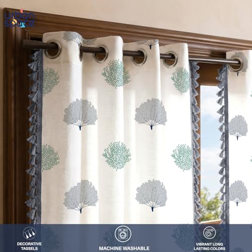 Image of Urban Space 100% Cotton Curtains 8 feet for Long Door, 60-65% Room Darkening Decorative Curtains 8 feet Long Set of 2 with Stainless Steel Rings and TieBack (Trees Green, Door - 8ft x 4ft)