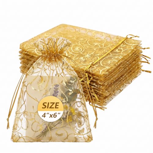 Wudygirl 100 PCS Organza Bags 4"x6" Gift Bags with Drawstring Gold Eyelash