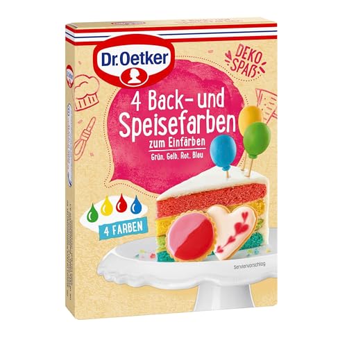 Dr. Oetker 4 Back- und Speisefarben, 4 x 20 g, Lebensmittelfarben (rot, blau, gelb & grün), zum Dekorieren und Verzieren von diversem Gebäck & Desserts, wiederverwendbar