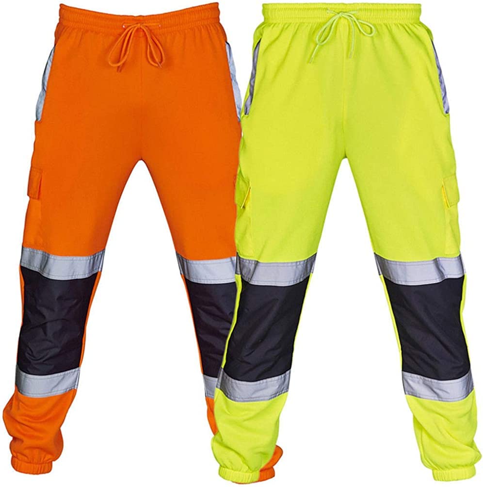 HUAZONG Pantalon de jogging haute visibilité haute visibilité avec bande réfléchissante à rayures bicolores imperméable et épais, Vert, XL