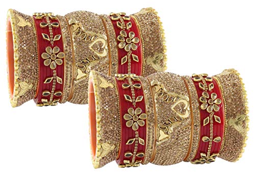 Image of NMII Traditional Gold Plated Acrylic Bangles Bridal Chuda Set For Women & Girls with Zircon Diamond & Pearls Beads Work | Royal Wedding Chudas | Premium Look | Bangles For Wedding, Festive, Function