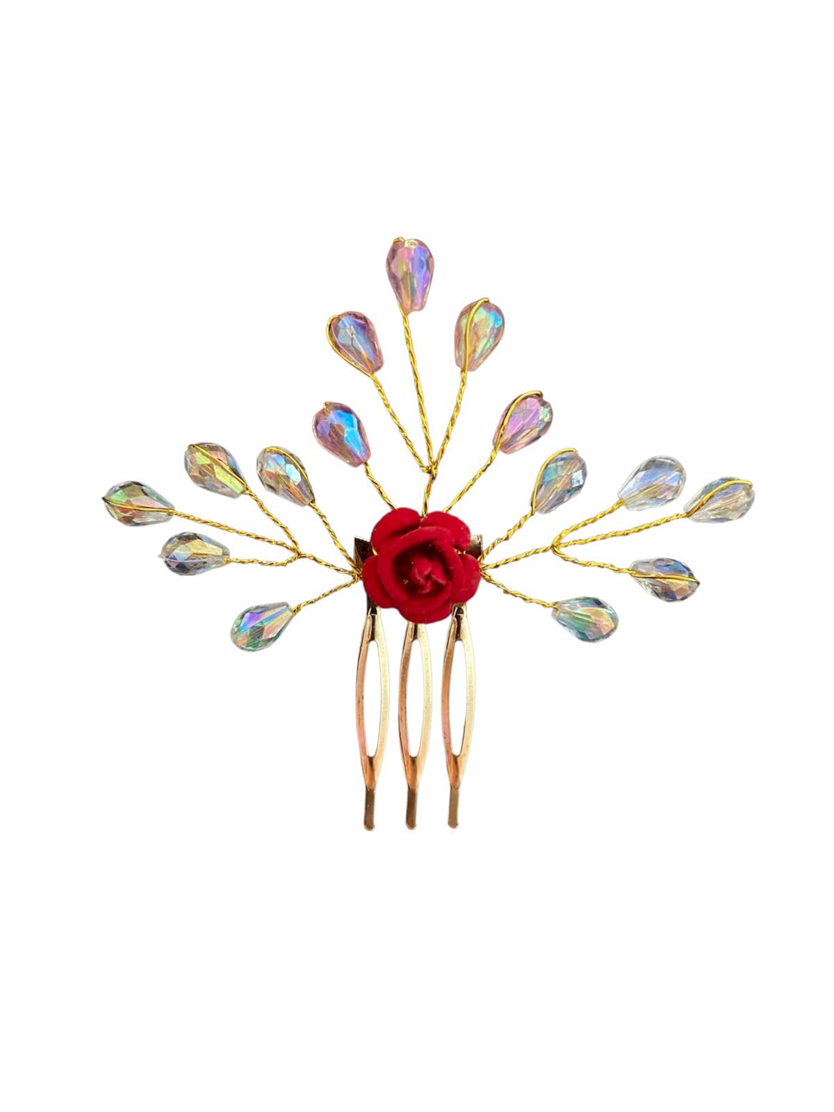 Prezentoz Gold Floral Hair Comb with Crystal Sprays โ Hair Dressing Accessory for Women/Girls โ Bridal & Bridesmaid Accessory, Traditional Floral Hair Broach for Bun/Juda Styling.(Pack of 4)