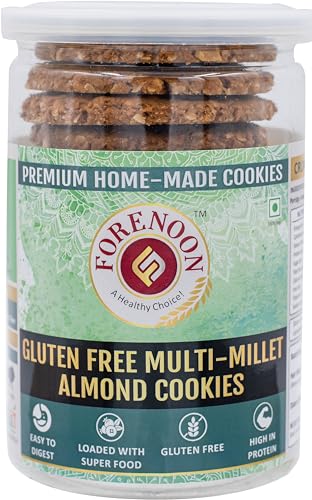 Image of Fore Noon Multi-Millet Gluten-Free Almond Cookies | High Fiber Multi-Grain Biscuit | Made with Organic Jaggery, Cow Ghee & Rock Salt | Low Fat & Sugar | Healthy Snack for Kids & Adults | 100% Natural Ingredients | 178g Pack of 1