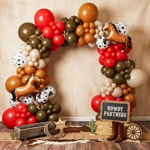 Image of 148Pcs Western Balloon Arch Garland Kit with Red Brown White Cowprint Horse Balloons for Boy First Rodeo, Wild West Country Birthday Decorations, Farm Fiesta Party Decor