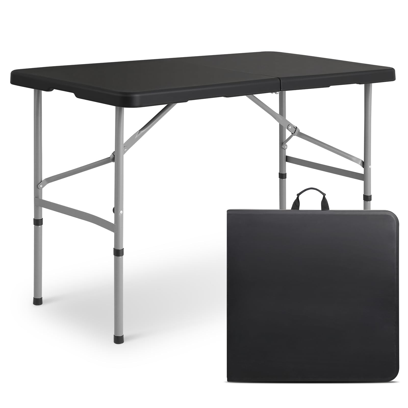 MoNiBloom 4Ft Folding Card Table, Outdoor Foldable Small Portable Plastic Dining Picnic Cookout Table w/Handle, Black