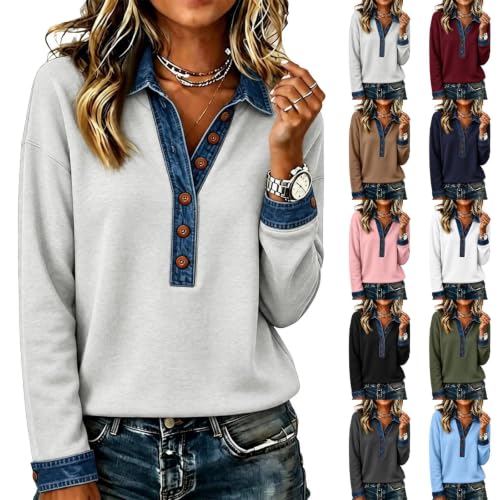 HswsEJ Womens Polo Shirts Long Sleeve Patchwork Jean Pullover Sweatshirts - image 1