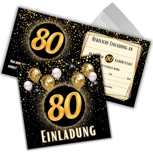 JOCERO Einladungskarten 80. Geburtstag – 12 Stück mit Umschlägen – Quadratisch 12x12 cm – Einladungen zum 80. Geburtstag für Männer & Frauen