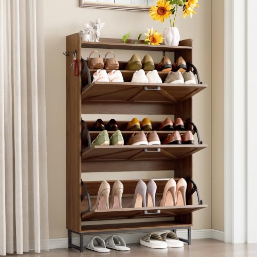 Image of BORNOON Shoe Cabinet with 3 Flip Drawers Narrow Shoe Storage Cabinet Organizer Wooden Freestanding Shoe Rack Hidden Slim Shoes Storage Cabinet for Entryway, Hallway, Living Room, Bedroom