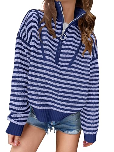 Image of ANRABESS Sweaters for Women Striped Half Zip Long Sleeve Ribbed Knit Pullover Comfy Casual Lightweight Tops 2026 Fall Fashion