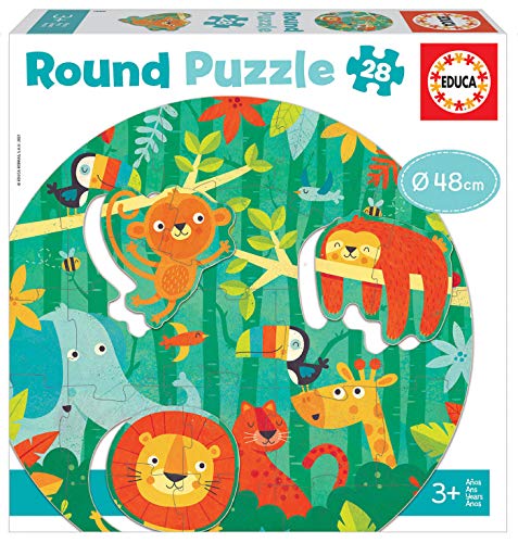 Educa - Round Selva | Puzzle Redondo Infantil con 48 cm de diámetro. 28 Piezas y 3 Animales extraíbles con Troquel Especial. Piezas Grandes, fáciles de manipular y Encajar +3 años (18906)