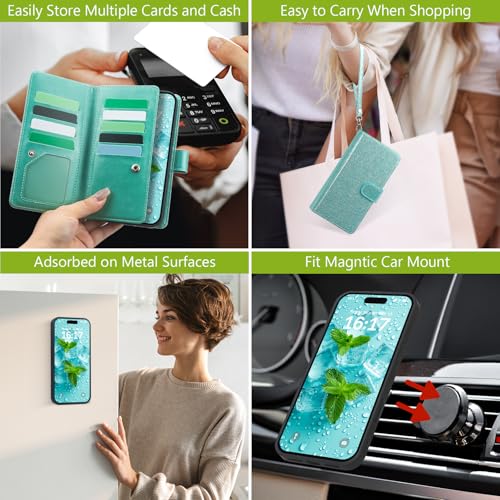 Varikke for iPhone 16 Wallet Case Detachable with RFID Blocking Card Holder for Women, Glitter PU Leather Wrist Strap Strong Magnetic Flip Wallet Removable Phone Case for iPhone 16 6.1", Mint Green by Varikke - Image 5