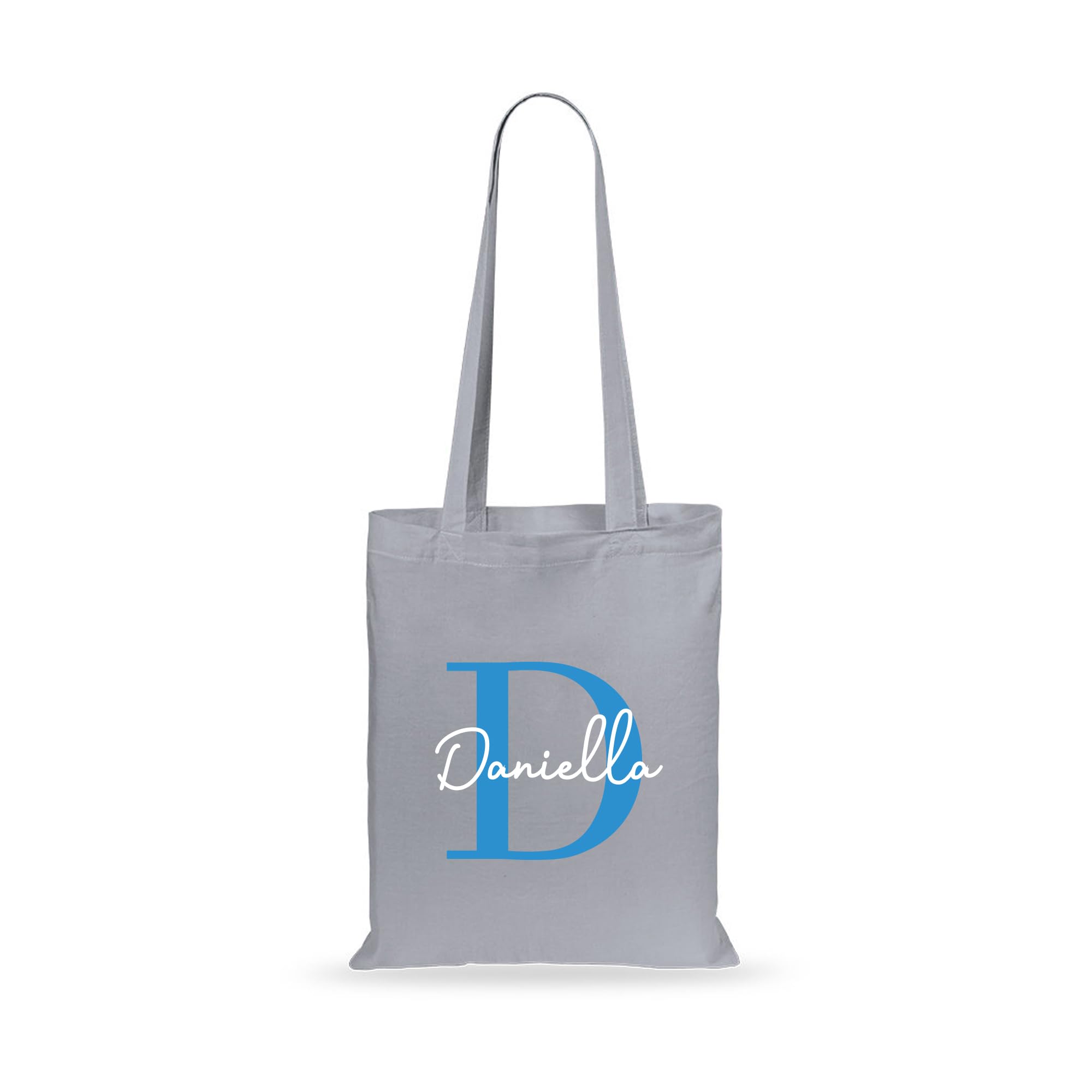 eBuyGB Personalised Tote Bag, Custom Alphabet Cotton Shopper with BIue Initial & Name, Birthday Gift Bag, Goodie Bag, Kids Party Bags, Bag For Life, Reusable Bag (Grey)