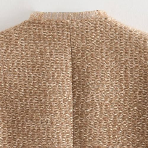 Womens Cropped Tweed Blazer Jackets Collarless Button Down Business Casual Outfits with Pockets4
