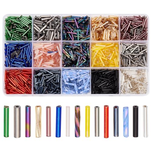 GOMAKERER Alrededor de 1800 piezas 15 colores Cuentas de cristal de clarón, 12x2mm Cuentas de tubo Perlas Colores mezclados Pulsera Perlas Espaciador Cuentas Transparentes para la Fabricación de
