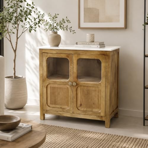 Image of The Attic Crestwood Solid Wood Two Door Sideboard Cabinet with Glass Doors | Storage & Display Cabinet for Living Room & Dining Room | Handcrafted Mango Wood, Light Teak Finish