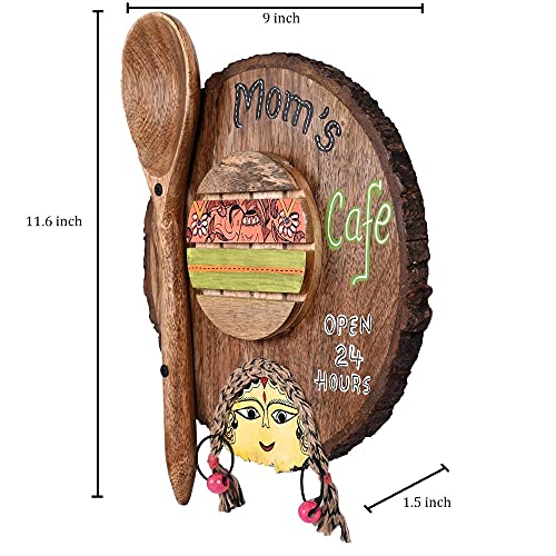 Image of Aakriti Art Creations Kitchen Decor inchMoms Cafe inch Handcrafted in Wood, Madhubani Art Wooden Wall Hanging Panel Set of 1, Natural Brown Wall Decor Panel | Matte Finish Wooden Wall Art