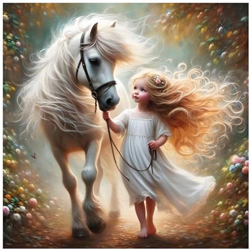 DIADAY Diamond Art Kits for Adults Horse, 5D Horse and Girl Diamond Painting Kits for Adults, Full Drill Round Gem DIY Diamond Dots Art Craft Home Wall Decor Gift 12 x 12 Inches