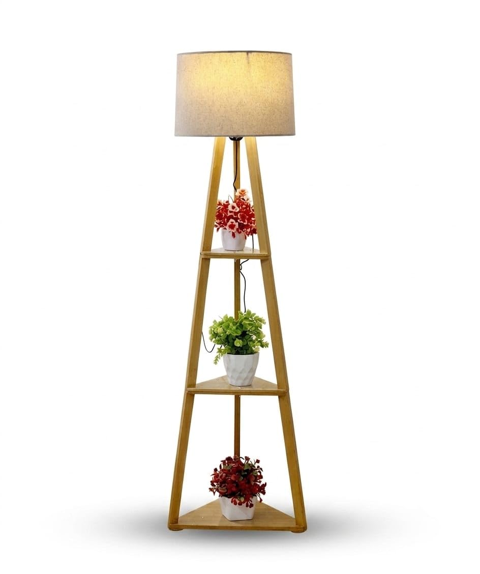Global True Wooden Triangle Floor Lamp with 3-Tier Shelves | Beige Fabric Shade, Natural Wood Finish, Display Stand, Living Room Decor, Handcrafted Design-image-32