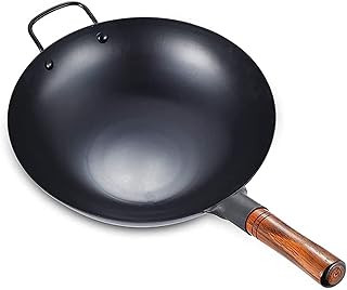 Ręcznie wykonana żelazna wok, azjatycka patelnia do mieszania z uchwytem pomocniczym, płaski spód Pow Wok, czarne patelnie