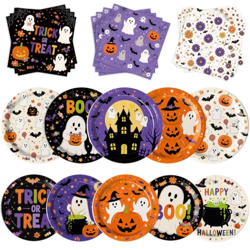 Image of LINHAXM 60 PCS Halloween Plates and Napkins Set, Halloween Party Supplies with Ghost Pumpkin Bat Plates and Napkins for Halloween Birthday Party Decorations