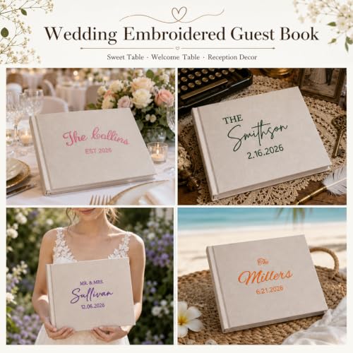 Image of Custom Embroidered Wedding Guest Book with Last Name Linen Hardcover Album