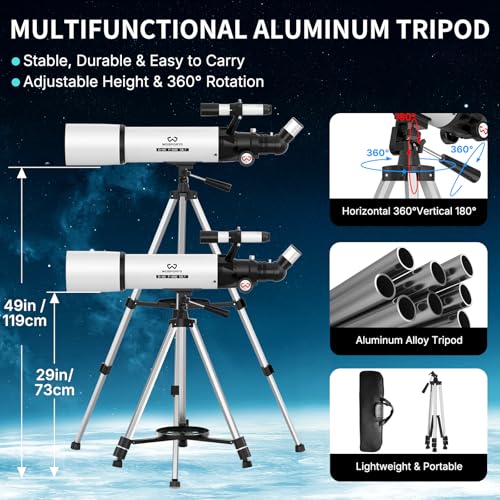 Image of 90mm Telescope for Adults High Powered, Magnification 180X | 600mm Astronomy Portable Professional Refractor Telescope for Beginners, with Adjustable Tripod, Phone Adapter, Carry Bag