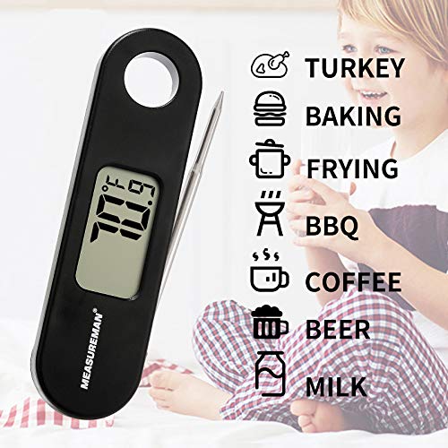 Measureman Digital Instant Read Foldaway Meat Thermometer Black Abs Small Body, Food Grade Stainless Steel Probe, 2-1/2" Length, Designed With Kitchen Hook, -58-572F/C #TOP2