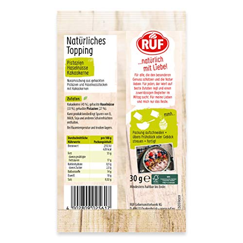 RUF Natürliches Topping mit Pistazien, Haselnüssen, Kakaokernen, ohne künstliche Zusatzstoffe, lecker auf Porridge, Müsli, glutenfrei und vegan, 30g