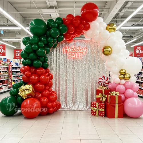 Image of Christmas Balloon Arch Kit - Green, Pink, Red, White & Gold Balloons