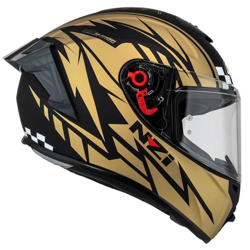 NZI Trendy 3 Stream Flag Negro Dorado Mate - Casco de Moto Integral con Spoiler ECE 22.06 - Unisex Hombre y Mujer (M)