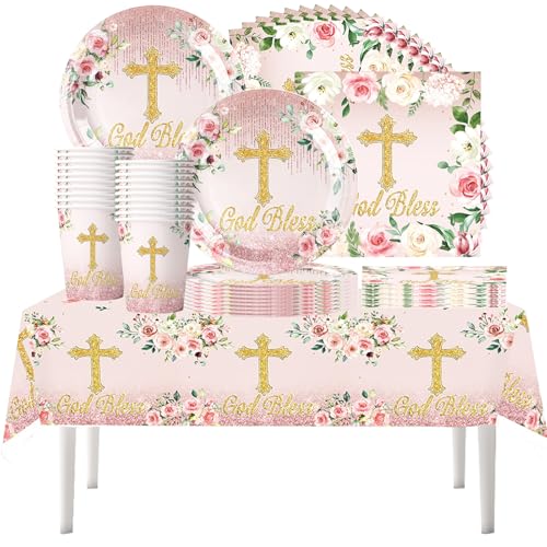 61 pièces Ensemble de vaisselle pour communion à motif floral, articles pour fête de baptême de nouveau-né, fête de communion, tasses, assiettes,...