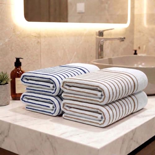 Image of Athom Living Premium Hand Towels- Cotton, 400 GSM, Ultra Soft, Quick Dry, Highly Absorbent | for Hand, Kitchen and Gym | 60 * 40 cm, Pack of 4 (White with Brown & Blue Stripes)