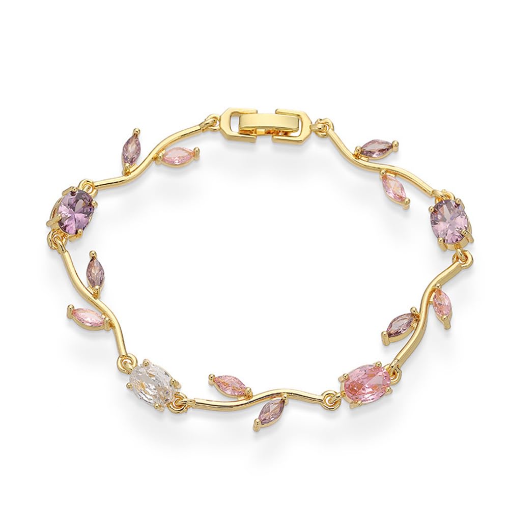Crystal Flower Leaf Bracelet for Women Gold-Tone/Silver Plated Dainty Colorful Oval Cz Cubic Zirconia Floral Tennis Bracelets Sweet Fine Bridal Wedding Prom Jewelry for Her 7.48inch