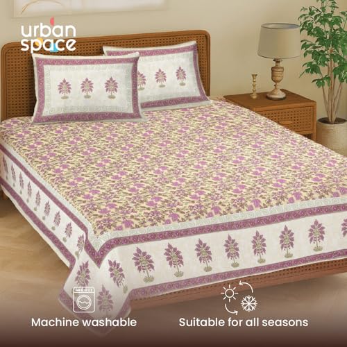 Image of Urban Space 100% Cotton Jaipuri Handblock Printed Double Size Bedsheet with 2 Pillow Covers, 200 TC Cotton Double Bedsheet (90 x 100 Inches, Noor Mahal Yellow)