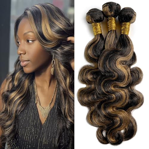 Dokksiiia Body Wave Human Hair Bundles P1B/27 Highlight Piano Color 1B and 27 Bundles Double Weft Brazilian Human Hair Extensions 14 16 18 Inch Silky and Soft for Black Women