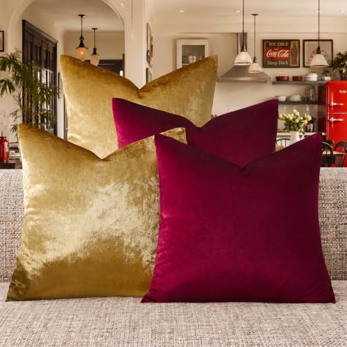 GIGIZAZA Decorative Velvet Pillow Covers - 18x18 Throw Pillows Soft Burgundy Gold...