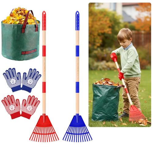 2 Pack Kids Adjustable Leaf Rake Set 28 to 34 with Detachable Wooden Handles Lightweight Plastic Head Designed for Kids Includes 2 Pairs of Gloves & Leaf Bag (Red/Blue)