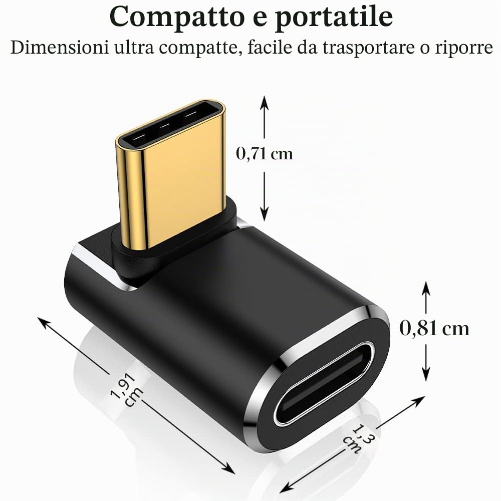 Adattatore USB C ad angolo retto (confezione da 2), connettore USB C maschio a USB C femmina da 90 gradi per Steam Deck, Switch, MacBook, Tablet, Telefono e altri dispositivi di tipo C