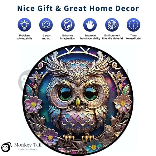Image of MONKEYTAIL Whimsy Wooden Jigsaw Puzzle for Adults & Kids - Laser-Cut Pieces, 3D Puzzle Box as Birthday Gift for Boys & Girls - Brain Teaser, Home Decor & Family Game (OWL, Size: Small)