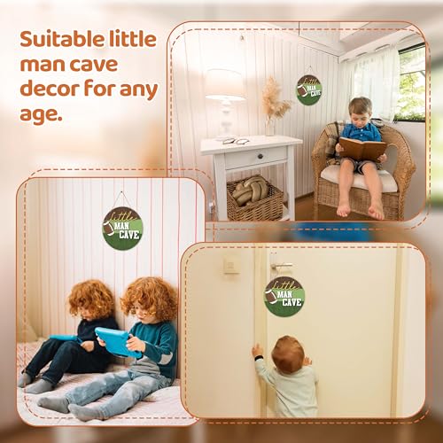 Image of Little Man Cave Sign for Boys, Baby Boy Nursery Decor, Kids Room Football Door Hanger, 10x10 Inch Wooden Round Wall Door Sign-D01
